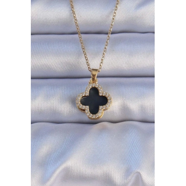 316L Çelik Gold Renk Siyah Mineli Zirkon Taşlı Yonca Figürlü Kolye