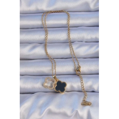 316L Çelik Gold Renk Siyah Mineli Zirkon Taşlı Yonca Figürlü Kolye