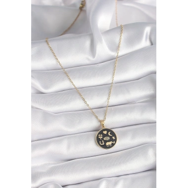 316L Çelik Gold Renk Siyah Şans Kolyesi