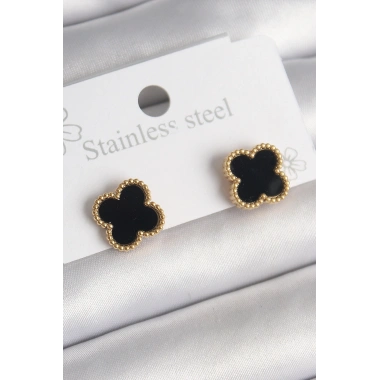 316L Çelik Gold Renk Siyah Yonca Model Kadın Küpe