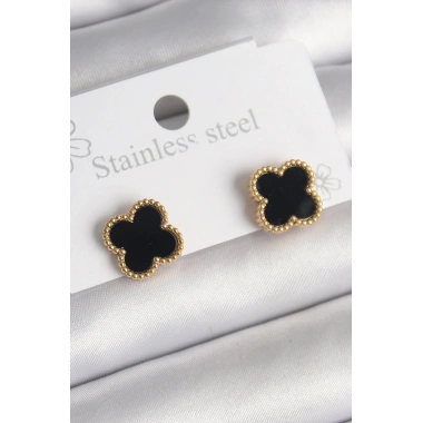 316L Çelik Gold Renk Siyah Yonca Model Kadın Küpe