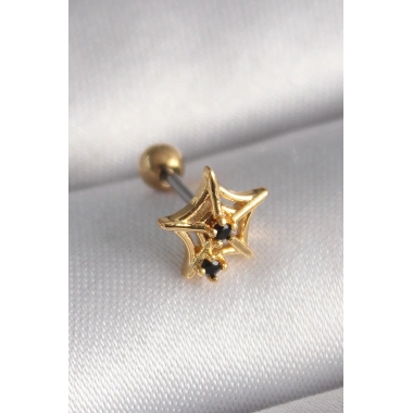 316L Çelik Gold Renk Siyah Zirkon Taş Detay Örümcek Ağ Model Tragus Piercing