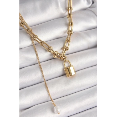 316L Çelik Gold Renk Tifany Zincir Model Kilit Figür Sallantı İnci Detay Kadın Kolye