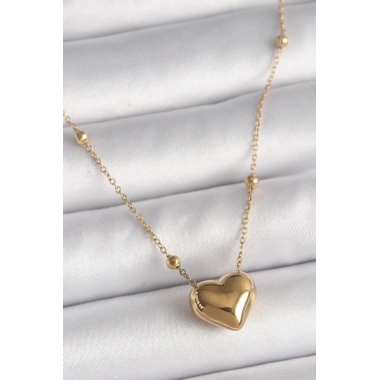 316L Çelik Gold Renk Topçuk Detaylı Zincir Kalp Model Kadın Kolye
