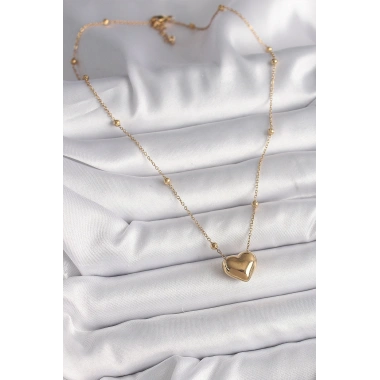 316L Çelik Gold Renk Topçuk Detaylı Zincir Kalp Model Kadın Kolye