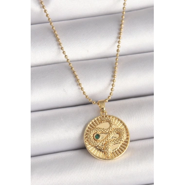 316L Çelik Gold Renk Topçuk Zincir Yılan İşlemeli Zirkon Taş Detaylı Madalyon Model Kadın Kolye