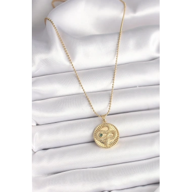 316L Çelik Gold Renk Topçuk Zincir Yılan İşlemeli Zirkon Taş Detaylı Madalyon Model Kadın Kolye