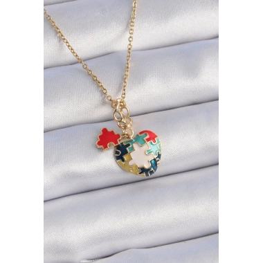 316L Çelik Gold Renk Yapboz Motif Kalp Figür Charm Model Kadın Kolye