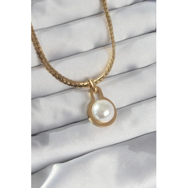 316L Çelik Gold Renk Yassı Zincir İnci Taşlı Kolye