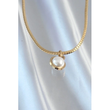 316L Çelik Gold Renk Yassı Zincir İnci Taşlı Kolye