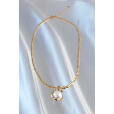316L Çelik Gold Renk Yassı Zincir İnci Taşlı Kolye