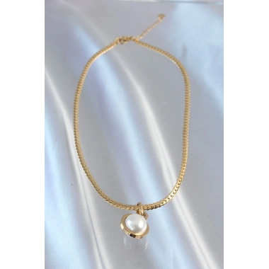 316L Çelik Gold Renk Yassı Zincir İnci Taşlı Kolye