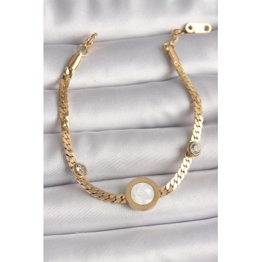316L Çelik Gold Renk Yassı Zincir Model Zirkon Taş Detaylı Beyaz Mineli Madalyon Model Kadın Bileklik