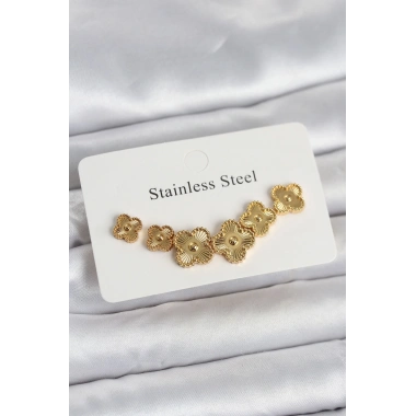 316L Çelik Gold Renk Yonca Küpe Seti