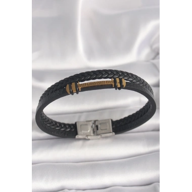 316L Çelik Gold Renk ZikZak İşlemeli Aksesuarlı Çift Sıra Burgu Desenli Deri Kordon Erkek Bileklik