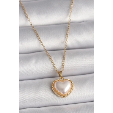 316L Çelik Gold Renk Zincir 3D İnci Kalp Model Kadın Kolye