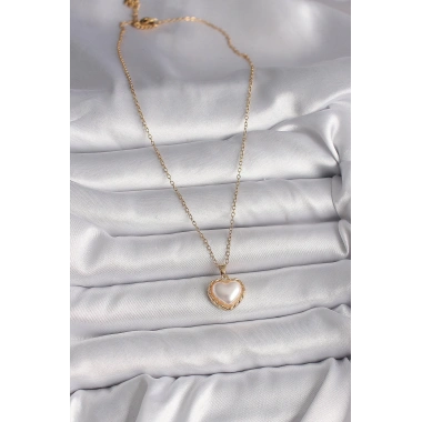 316L Çelik Gold Renk Zincir 3D İnci Kalp Model Kadın Kolye
