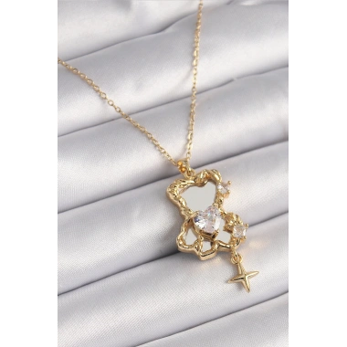 316L Çelik Gold Renk Zincir Ayna Ayıcık Model Zirkon Taşlı Kalp Model Kadın Kolye