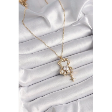 316L Çelik Gold Renk Zincir Ayna Ayıcık Model Zirkon Taşlı Kalp Model Kadın Kolye