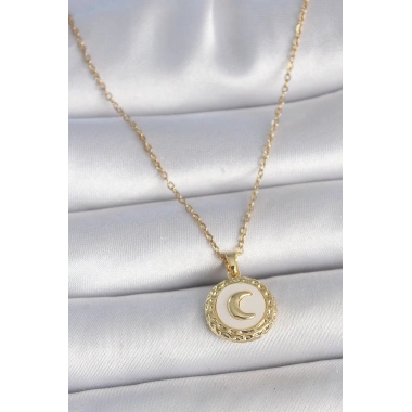 316L Çelik Gold Renk Zincir Beyaz Mineli Hilal İşlemeli Madalyon Model Kadın Kolye