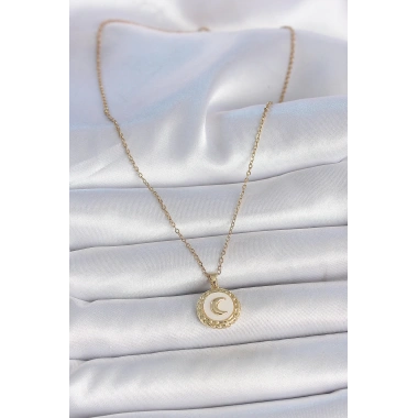 316L Çelik Gold Renk Zincir Beyaz Mineli Hilal İşlemeli Madalyon Model Kadın Kolye