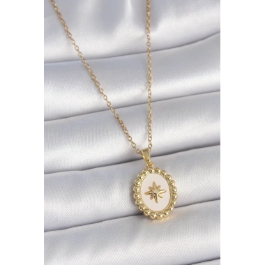 316L Çelik Gold Renk Zincir Beyaz Mineli Kutup Yıldız İşlemeli Madalyon Model Kadın Kolye