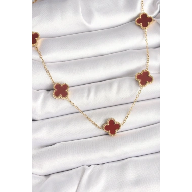 316L Çelik Gold Renk Zincir Bordo Yonca Model Kadın Kolye