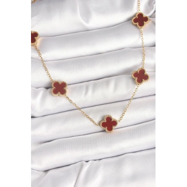 316L Çelik Gold Renk Zincir Bordo Yonca Model Kadın Kolye