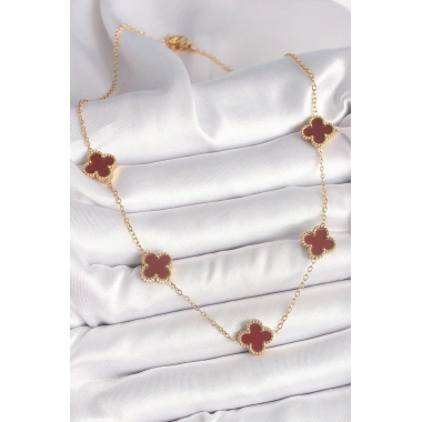 316L Çelik Gold Renk Zincir Bordo Yonca Model Kadın Kolye