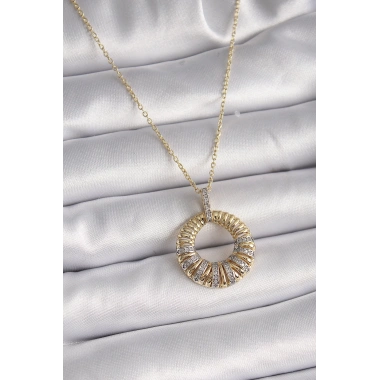 316L Çelik Gold Renk Zincir Gümüş Zirkon Taşlı Daire Model Kadın Kolye