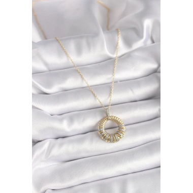 316L Çelik Gold Renk Zincir Gümüş Zirkon Taşlı Daire Model Kadın Kolye