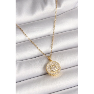 316L Çelik Gold Renk Zincir Madalyon Zirkon Taşlı Kalp Model Kadın Kolye