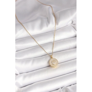 316L Çelik Gold Renk Zincir Madalyon Zirkon Taşlı Kalp Model Kadın Kolye
