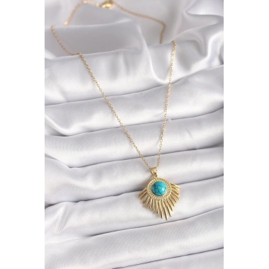 316L Çelik Gold Renk Zincir Mavi Boncuk Güneş Model Kadın Kolye