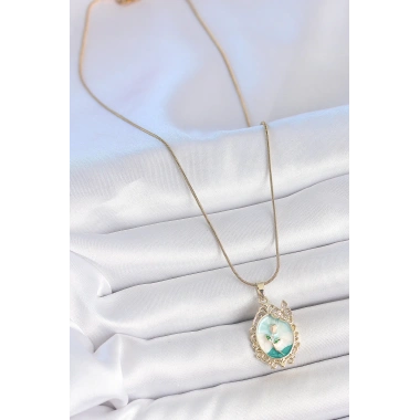 316L Çelik Gold Renk Zincir Mavi Mineli Çiçek İşlemeli Zirkon Taş Detaylı Portre Model Kadın Kolye