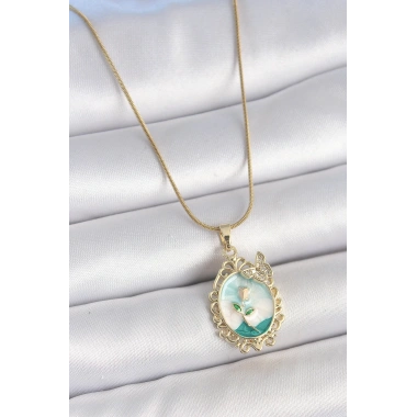 316L Çelik Gold Renk Zincir Mavi Mineli Çiçek İşlemeli Zirkon Taş Detaylı Portre Model Kadın Kolye