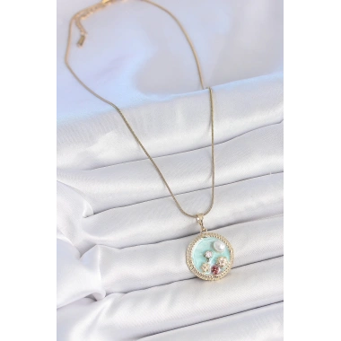 316L Çelik Gold Renk Zincir Mavi Mineli İnci Çiçek İşlemeli Zirkon Taş Detaylı Madalyon Model Kadın Kolye