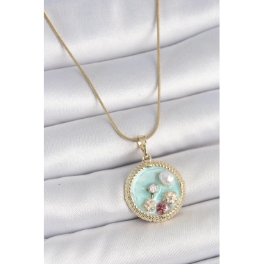316L Çelik Gold Renk Zincir Mavi Mineli İnci Çiçek İşlemeli Zirkon Taş Detaylı Madalyon Model Kadın Kolye