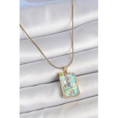 316L Çelik Gold Renk Zincir Mavi Mineli İncili Çiçek İşlemeli Portre Model Kadın Kolye