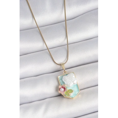 316L Çelik Gold Renk Zincir Mavi Mineli İncili Çiçek İşlemeli Portre Model Kadın Kolye