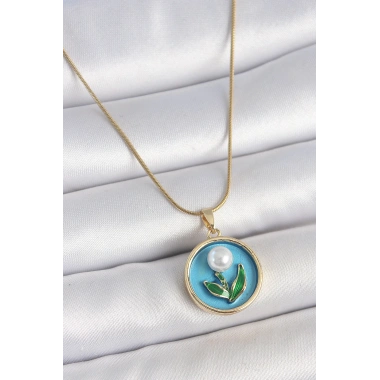 316L Çelik Gold Renk Zincir Mavi Mineli İncili Çiçek İşlemeli Portre Model Kadın Kolye