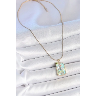 316L Çelik Gold Renk Zincir Mavi Mineli İncili Çiçek İşlemeli Portre Model Kadın Kolye