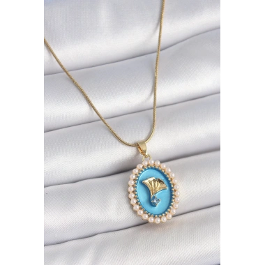 316L Çelik Gold Renk Zincir Mavi Mineli İncili Zirkon Taşlı Çiçek İşlemeli Portre Model Kadın Kolye