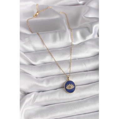 316L Çelik Gold Renk Zincir Mavi Mineli Zirkon Taşlı Göz İşleme Kadın Kolye
