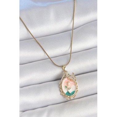 316L Çelik Gold Renk Zincir Mix Renk Çiçek İşlemeli Zirkon Taş Detaylı Portre Model Kadın Kolye
