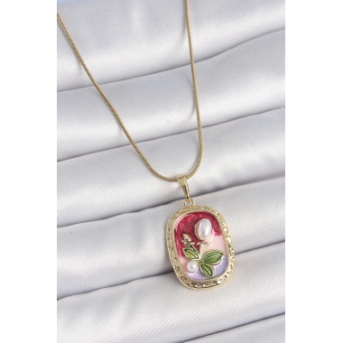 316L Çelik Gold Renk Zincir Mix Renk İncili Çiçek İşlemeli Portre Model Kadın Kolye
