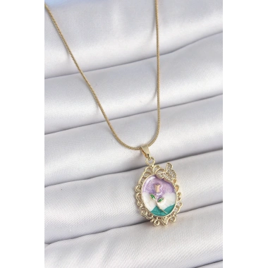 316L Çelik Gold Renk Zincir Mix Renk Mineli Çiçek İşlemeli Zirkon Taş Detaylı Portre Model Kadın Kolye