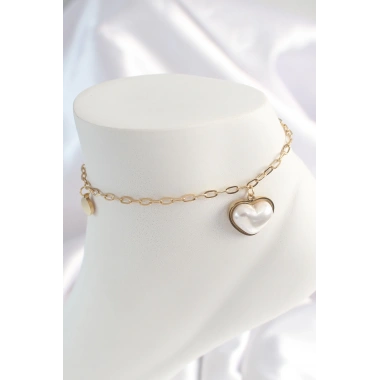 316L Çelik Gold Renk Zincir Model 3D İnci Kalp Model Kadın HalHal