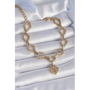316L Çelik Gold Renk Zincir Model Kilit Kalp Figür Kadın Bileklik