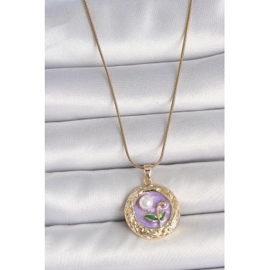 316L Çelik Gold Renk Zincir Mor Çiçek İşlemeli İnci Detay Potre Model Kadın Kolye